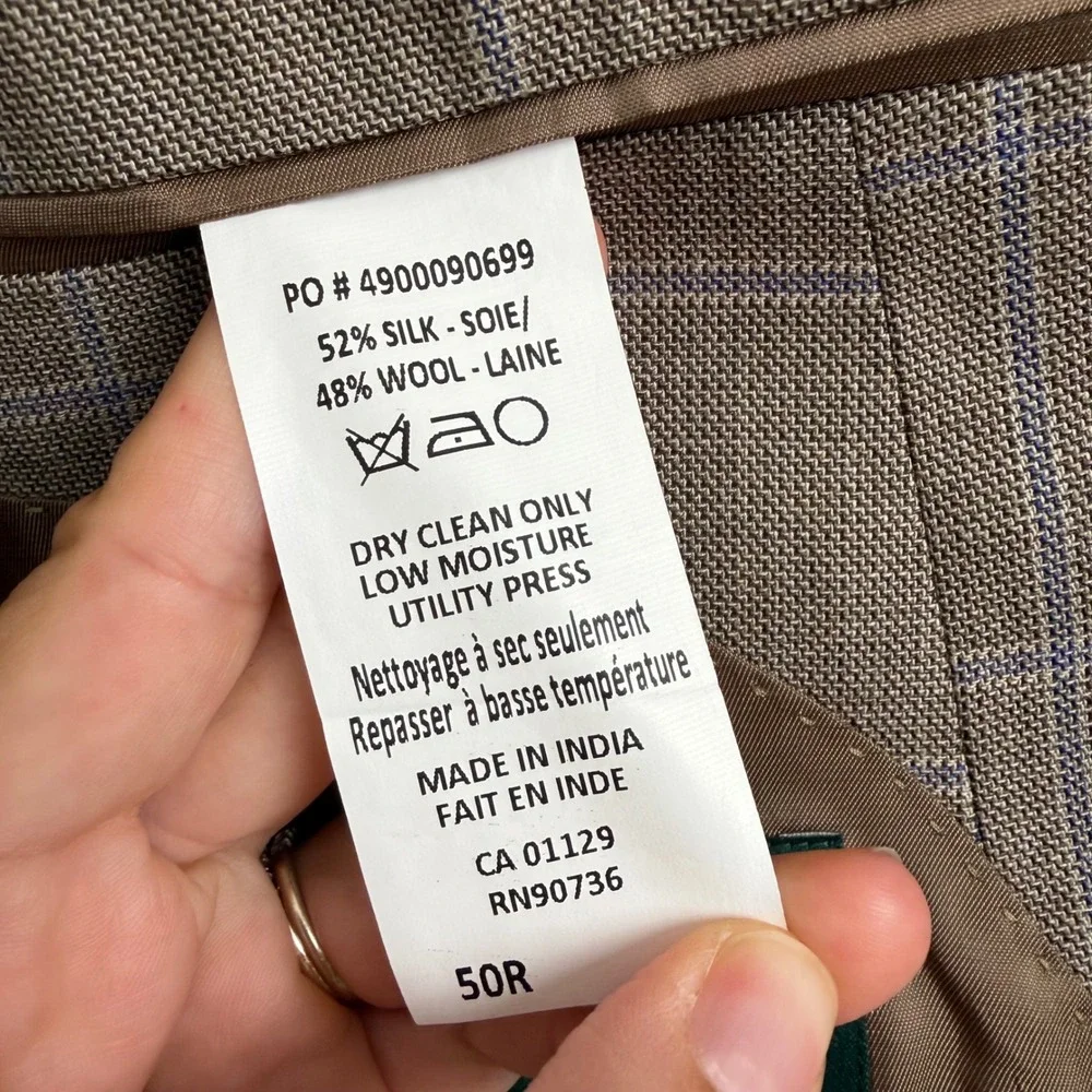 Lauren Ralph Lauren Mens 50R Silk Wool Windowpane Plaid Blazer Sport Coat Brown